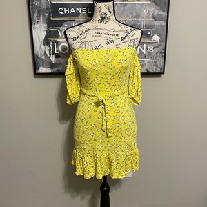 Brand New, Pretty Little Thing Yellow Ditsy Print Bardot Frill Hem Skater Dress